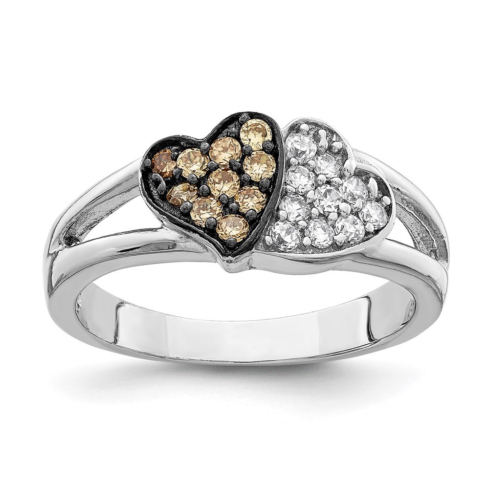 925 Sterling Silver Rhodium Clear & Champagne CZ Hearts Ring, Size 7